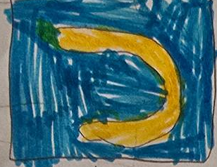 Teckning av en gul banan på blå bakgrund